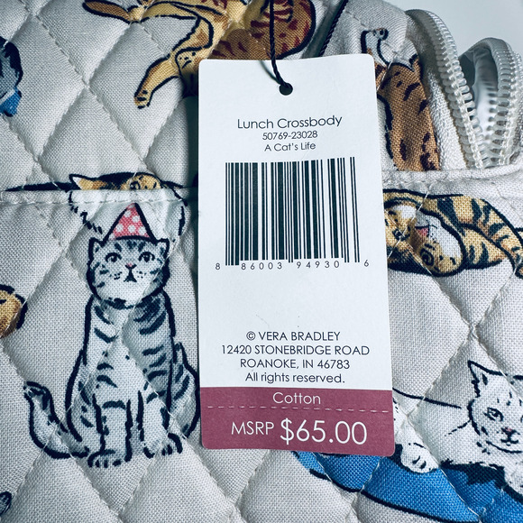 New Vera Bradley A CATS LIFE Lunch Crossbody Quilted Cotton Beige - Picture 4 of 4